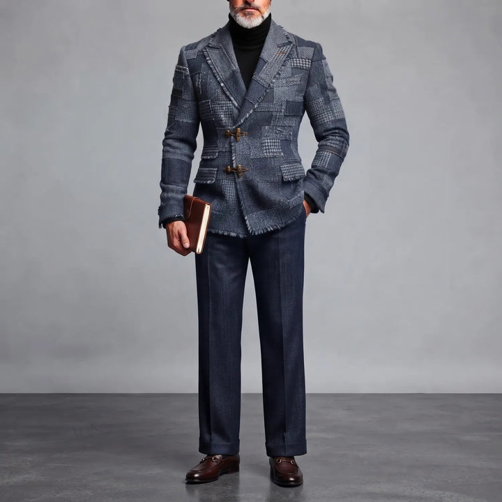 Slim Fit Houndstooth Patchwork Toggle Blazer Dark Blue 4