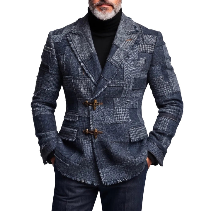 Slim Fit Houndstooth Patchwork Toggle Blazer on white