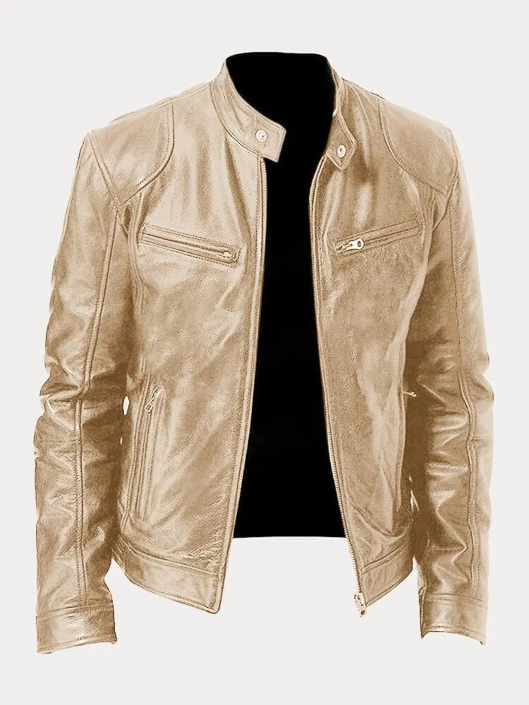 Slim Fit Leather Look Stand Collar Moto Jacket Beige 1