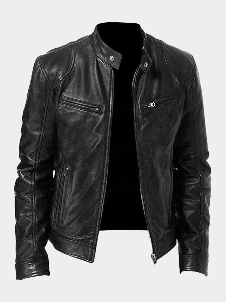 Slim Fit Leather Look Stand Collar Moto Jacket Black 1