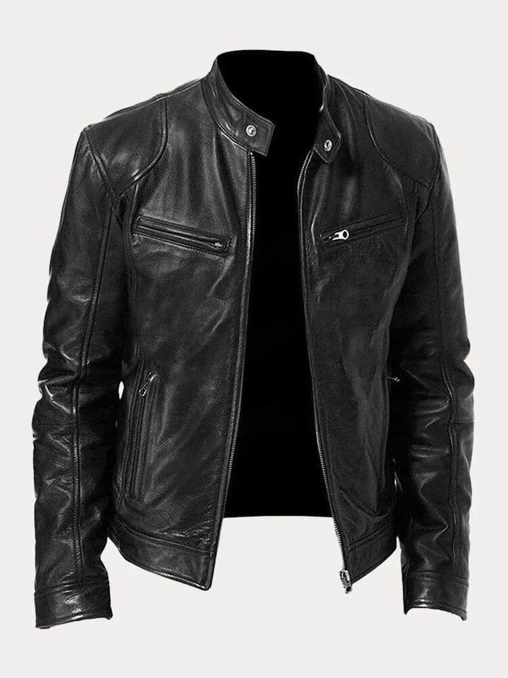 Slim Fit Leather Look Stand Collar Moto Jacket Black 1