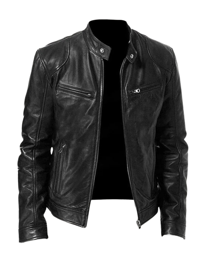 Slim Fit Leather Look Stand Collar Moto Jacket Black 2