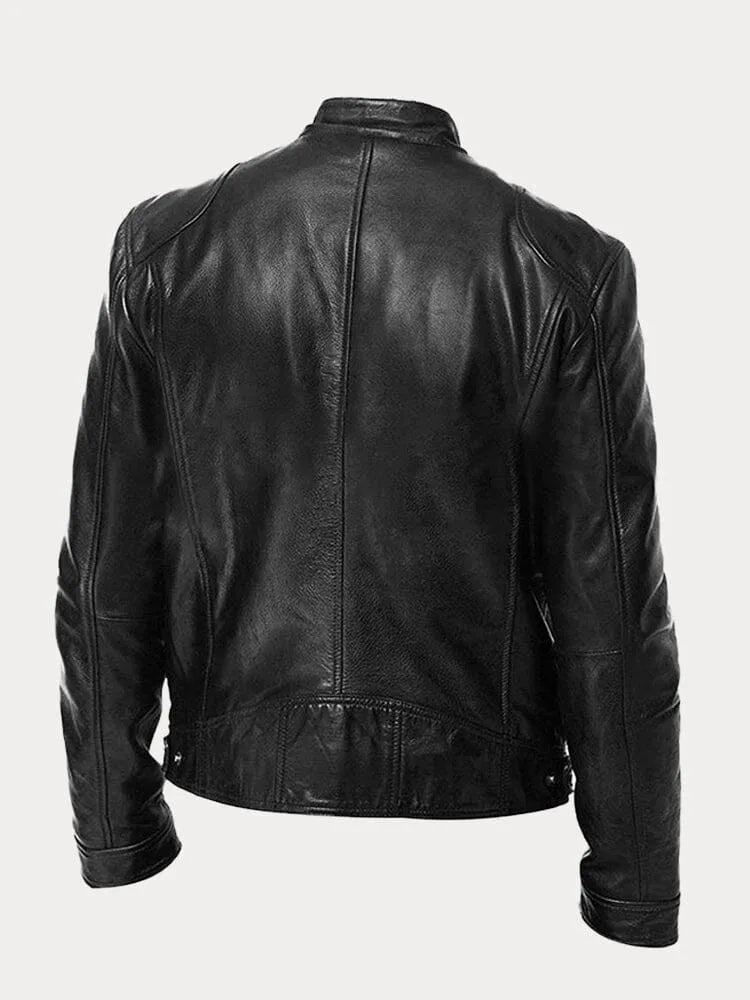 Slim Fit Leather Look Stand Collar Moto Jacket Black 3