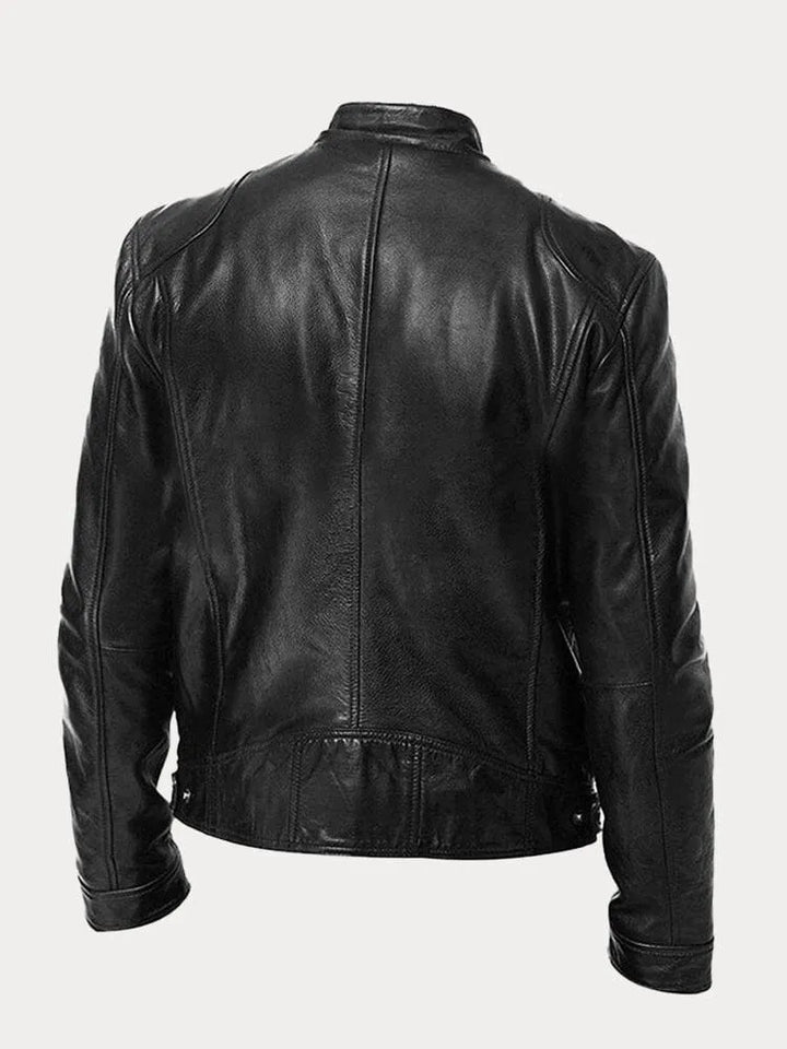 Slim Fit Leather Look Stand Collar Moto Jacket Black 3