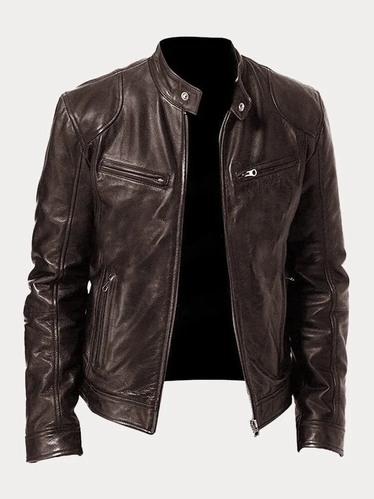 Slim Fit Leather Look Stand Collar Moto Jacket Brown 1
