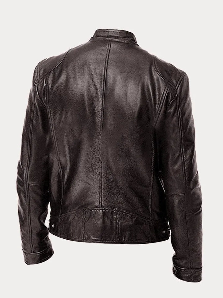Slim Fit Leather Look Stand Collar Moto Jacket Brown 2