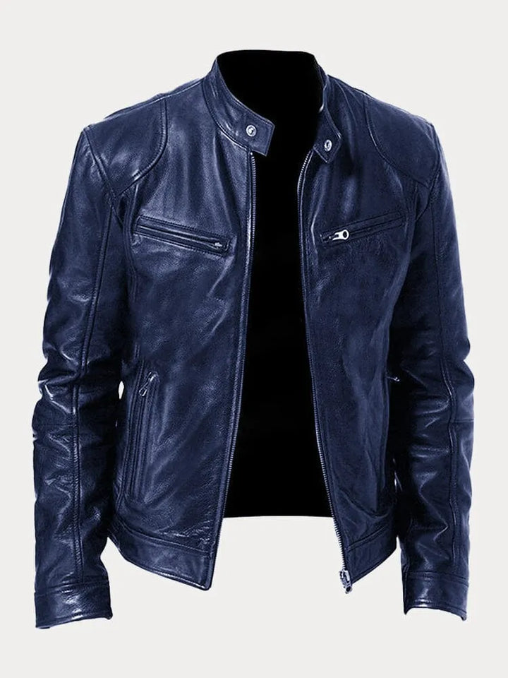 Slim Fit Leather Look Stand Collar Moto Jacket Dark Blue 1