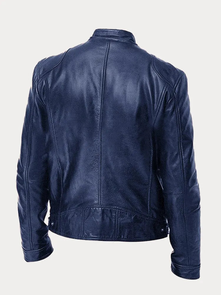 Slim Fit Leather Look Stand Collar Moto Jacket Dark Blue 2