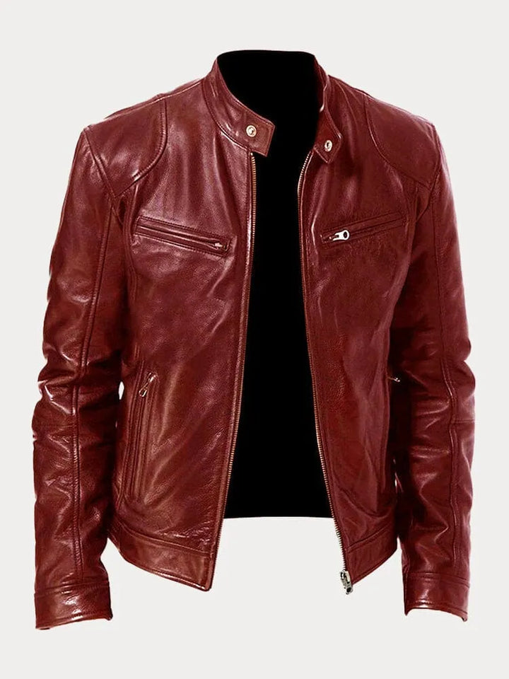 Slim Fit Leather Look Stand Collar Moto Jacket Dark Red 1