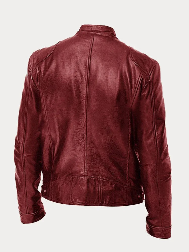 Slim Fit Leather Look Stand Collar Moto Jacket Dark Red 2