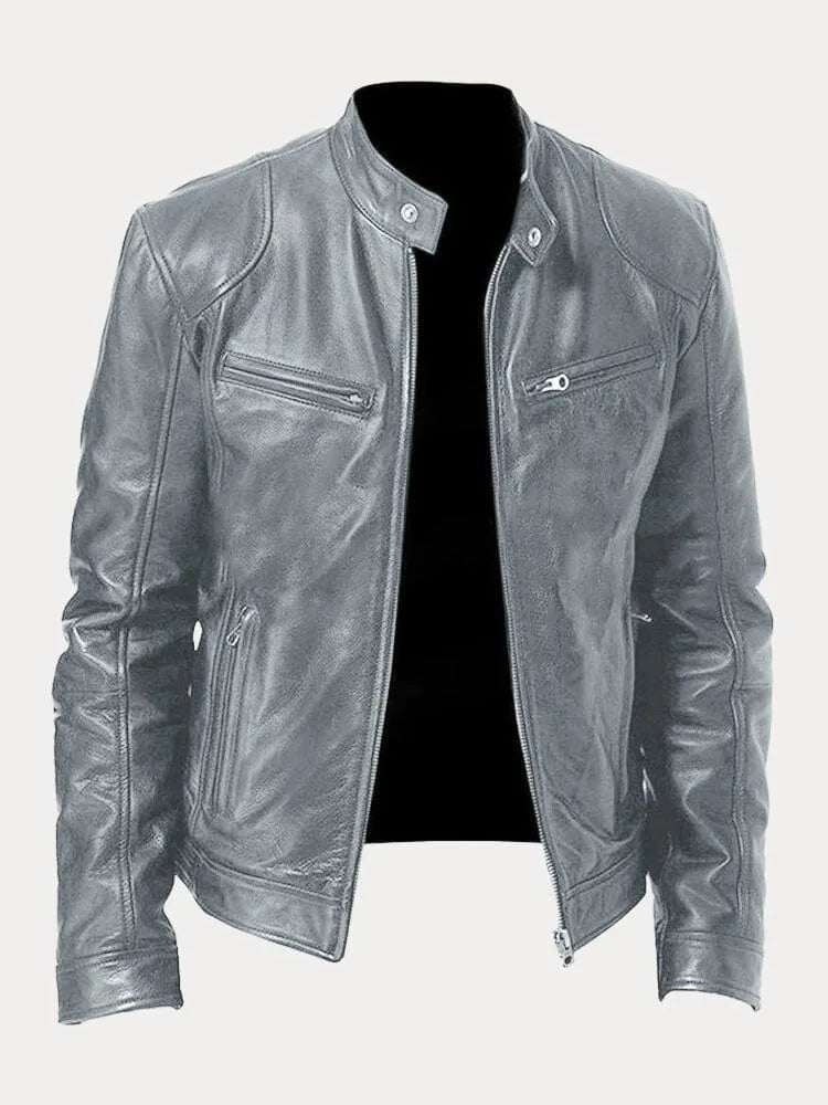 Slim Fit Leather Look Stand Collar Moto Jacket Gray 1