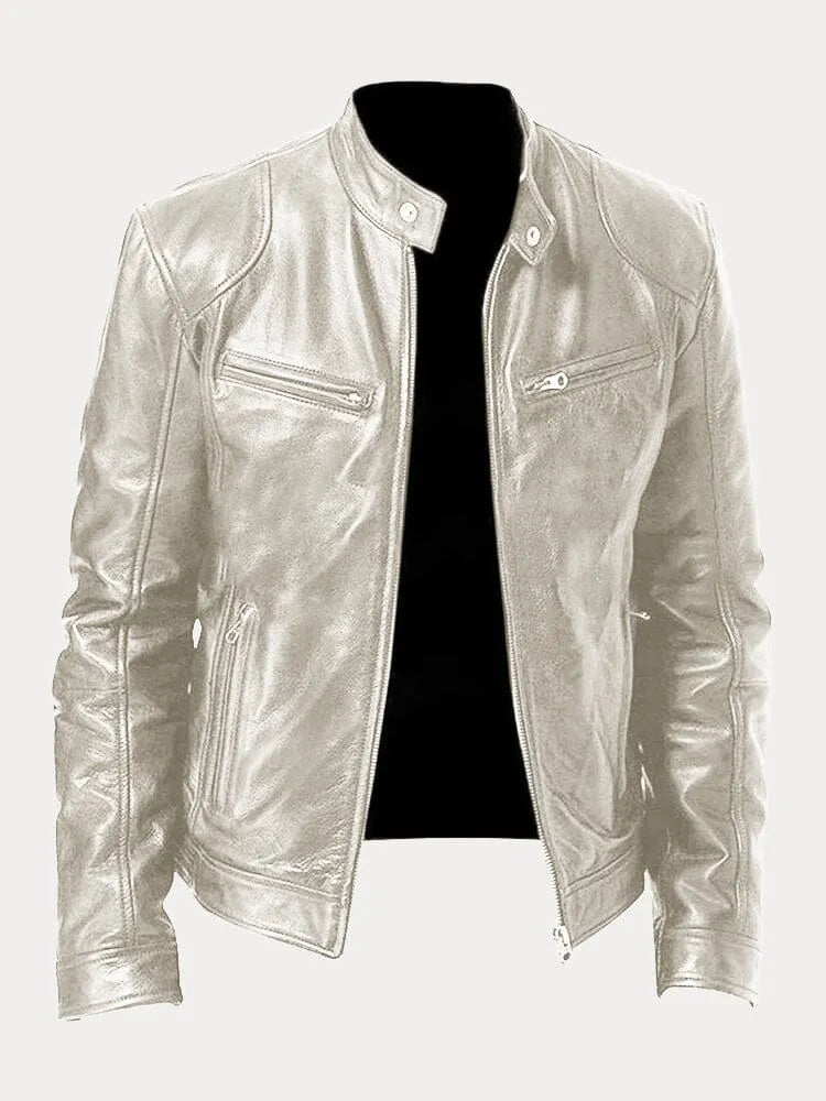 Slim Fit Leather Look Stand Collar Moto Jacket Ivory 1