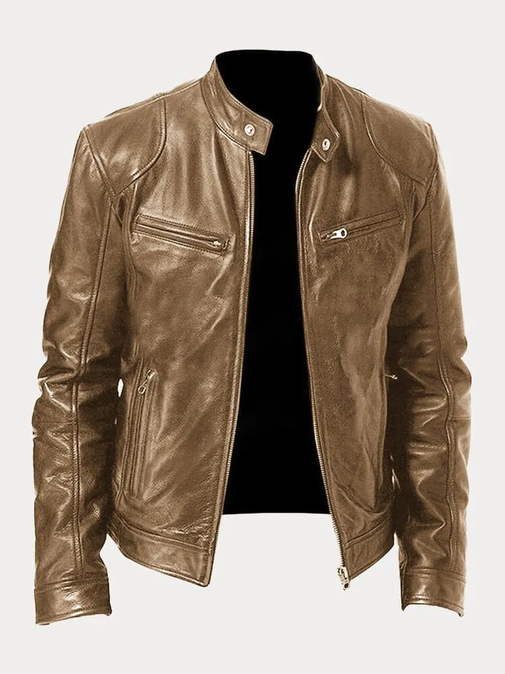 Slim Fit Leather Look Stand Collar Moto Jacket Khaki 1