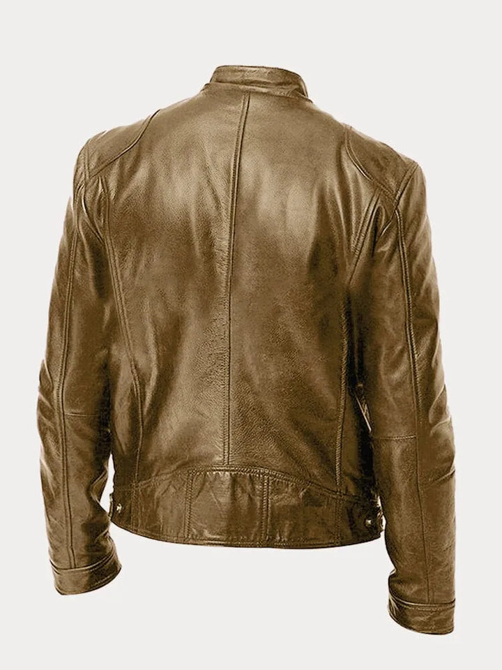 Slim Fit Leather Look Stand Collar Moto Jacket Khaki 2