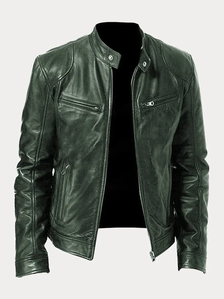 Slim Fit Leather Look Stand Collar Moto Jacket Military Green 1