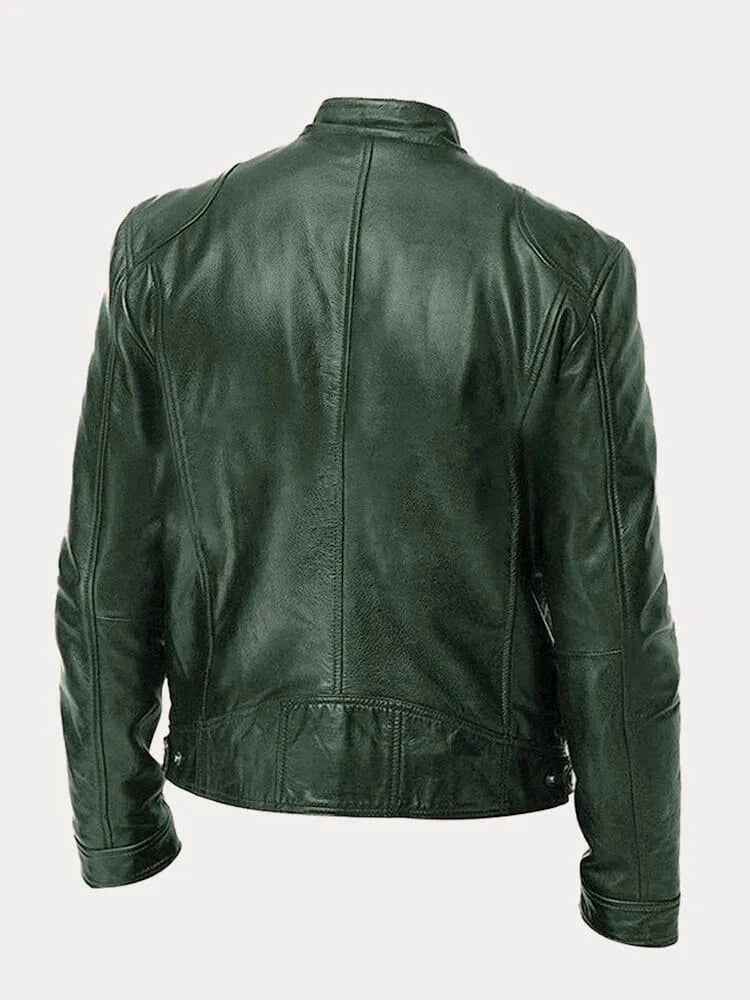 Slim Fit Leather Look Stand Collar Moto Jacket Military Green 2