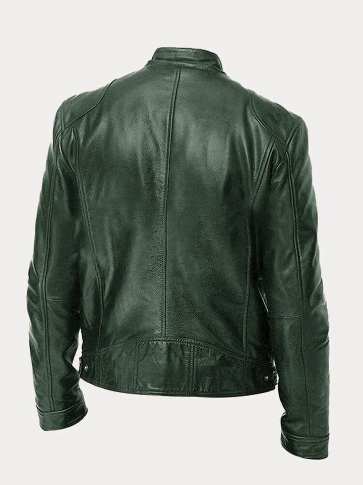 Slim Fit Leather Look Stand Collar Moto Jacket Military Green 2