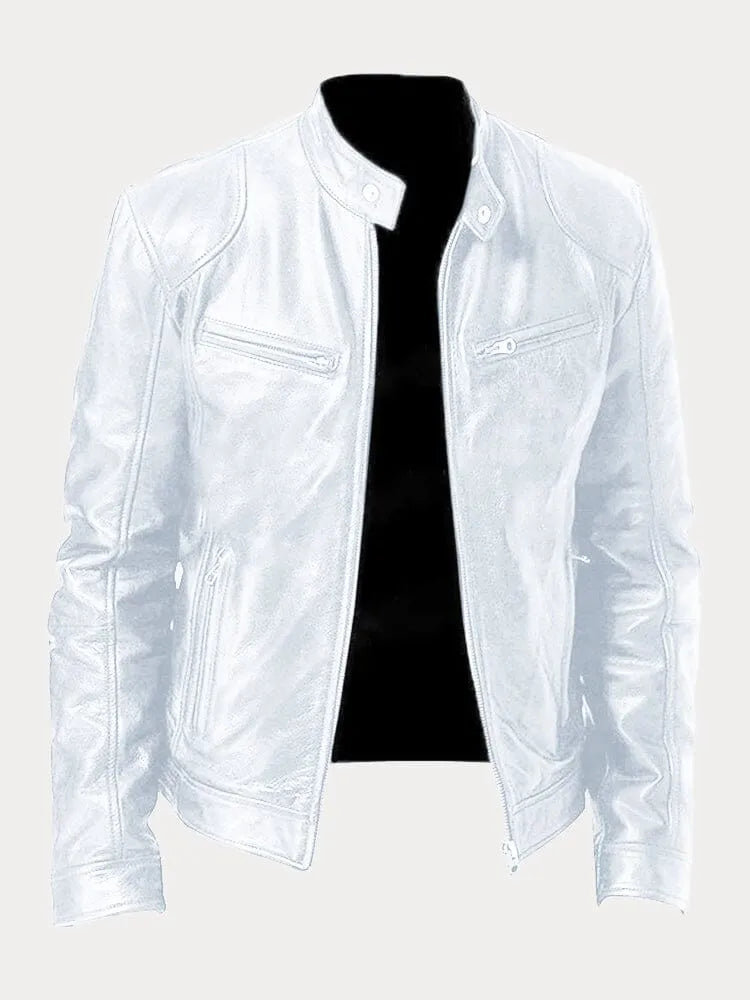 Slim Fit Leather Look Stand Collar Moto Jacket White 1