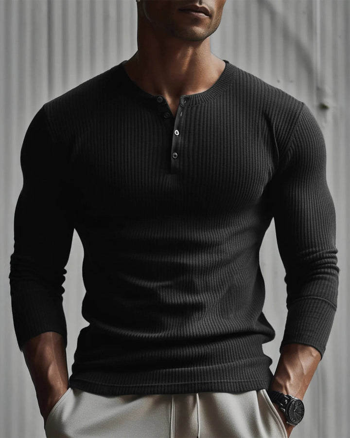Slim Fit Rib Knit Long Sleeve Henley Curved Hem Set of 2 Black 1