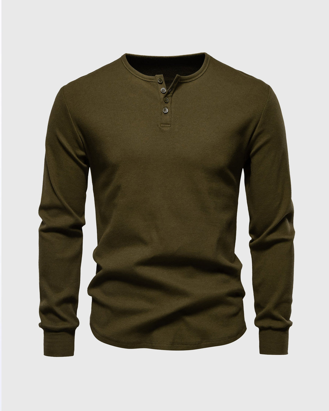 Slim Fit Rib Knit Long Sleeve Henley Curved Hem Set of 2 Olive Green 1