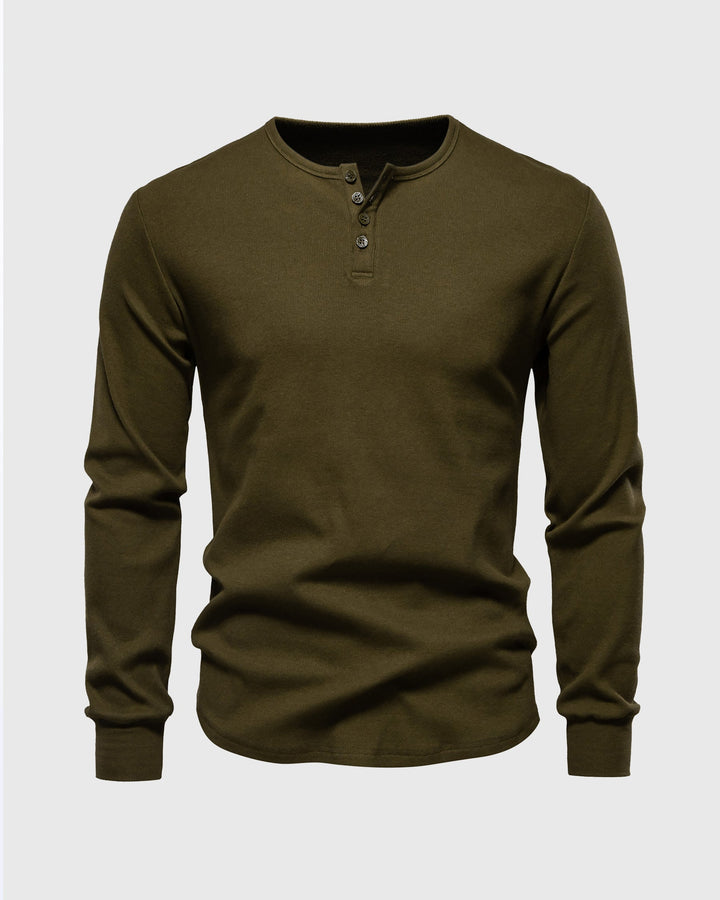 Slim Fit Rib Knit Long Sleeve Henley Curved Hem Set of 2 Olive Green 1