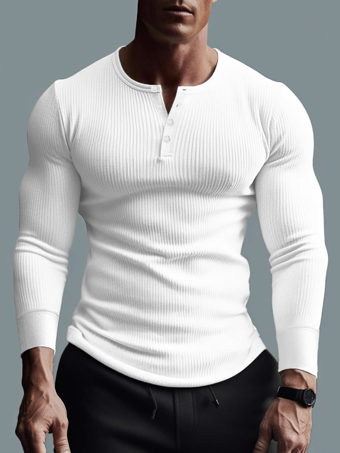 Slim Fit Rib Knit Long Sleeve Henley Curved Hem Set of 2 White 1
