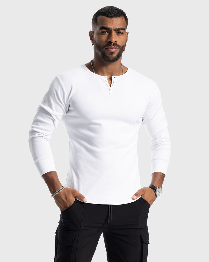 Slim Fit Rib Knit Long Sleeve Henley Curved Hem Set of 2 White 2