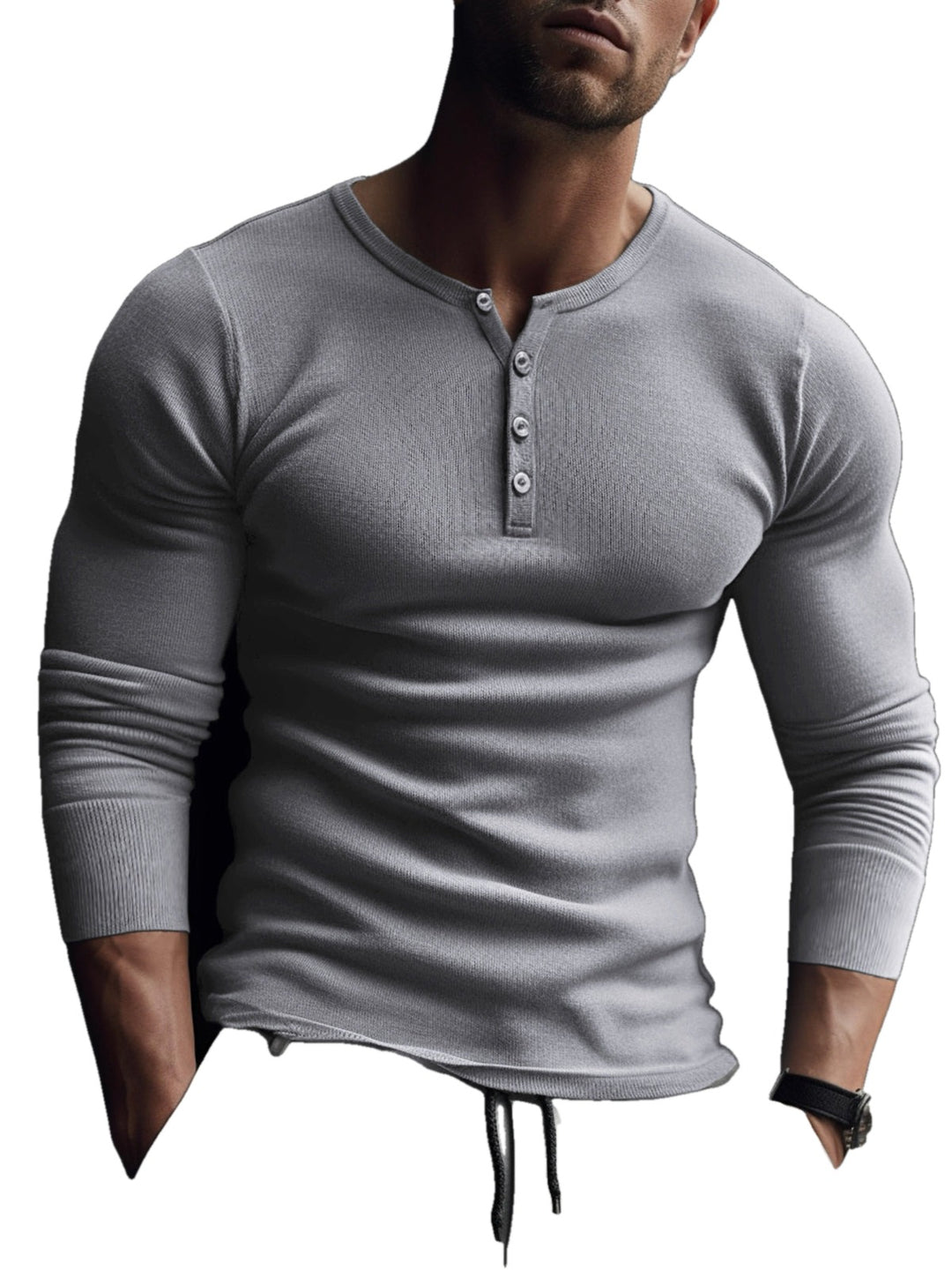 Slim Fit Rib Knit Long Sleeve Henley Curved Hem Set of 2 on white