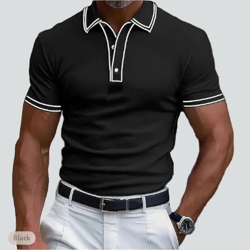 Slim Fit Ribbed Knit Polo Shirt with Contrast Piping Black 1