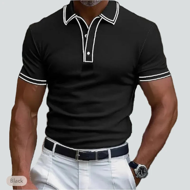 Slim Fit Ribbed Knit Polo Shirt with Contrast Piping Black 1
