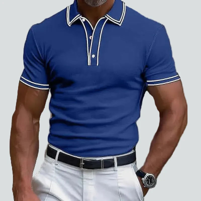 Slim Fit Ribbed Knit Polo Shirt with Contrast Piping Blue 1