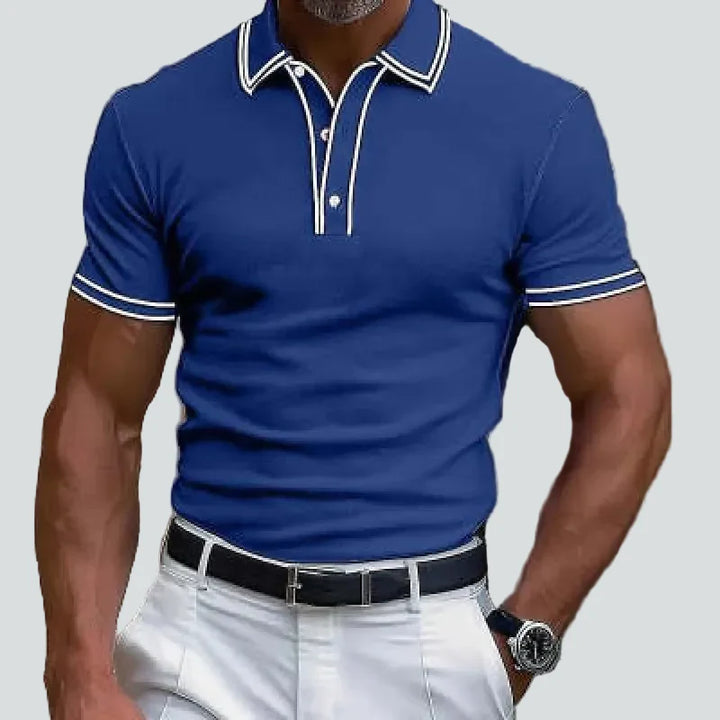 Slim Fit Ribbed Knit Polo Shirt with Contrast Piping Blue 1