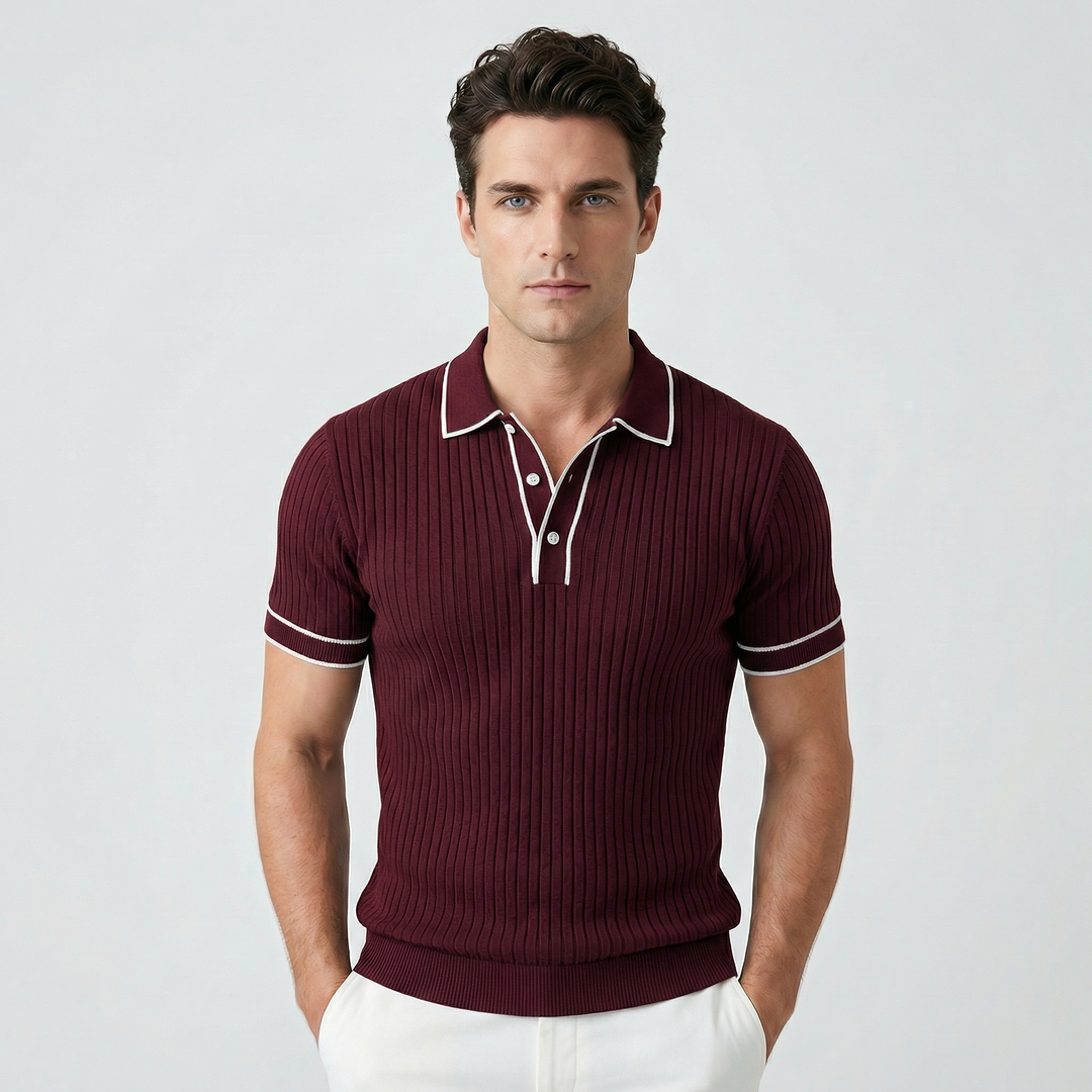 Slim Fit Ribbed Knit Polo Shirt with Contrast Piping Burgundy 1
