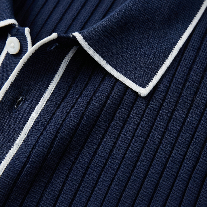 Slim Fit Ribbed Knit Polo Shirt with Contrast Piping Navy 3