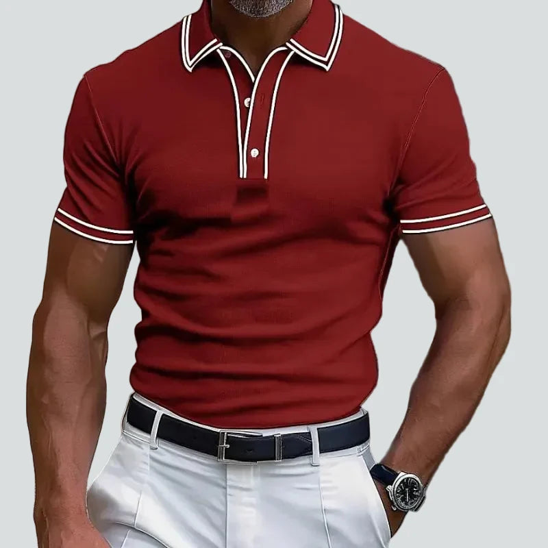 Slim Fit Ribbed Knit Polo Shirt with Contrast Piping Red 1