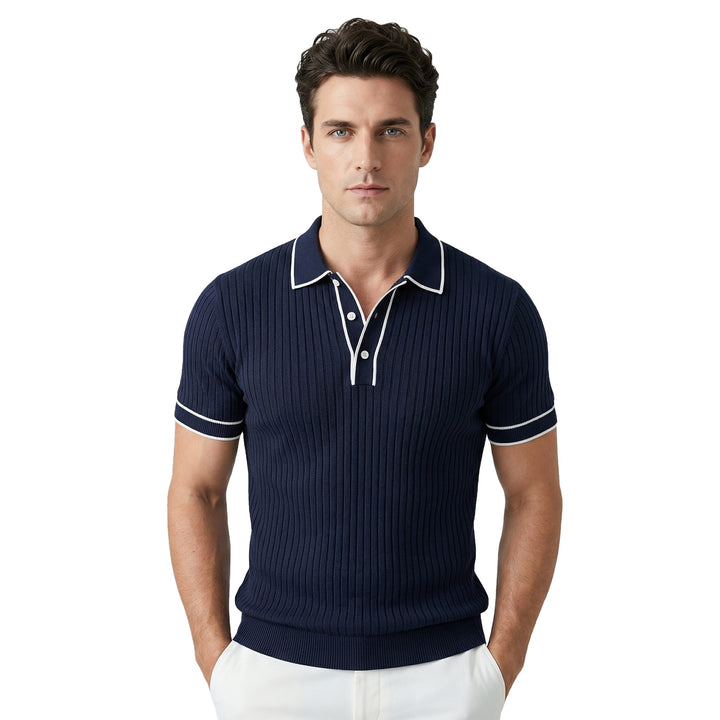 Slim Fit Ribbed Knit Polo Shirt with Contrast Piping on white