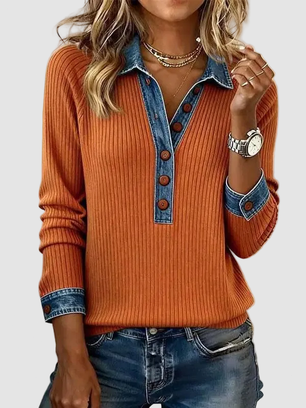 Slim Fit Ribbed Knit Top Denim Collar Contrast Cuffs Orange 1