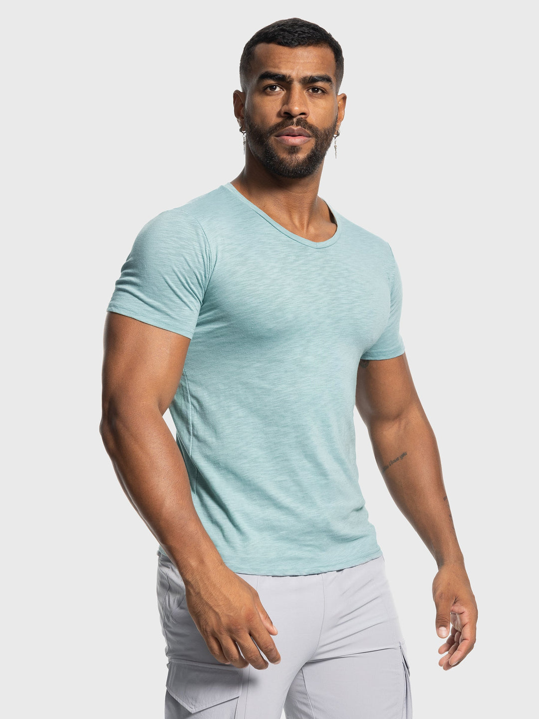 Slim Fit Slub Knit V Neck Tee Short Sleeve Set of 2 Aqua 1