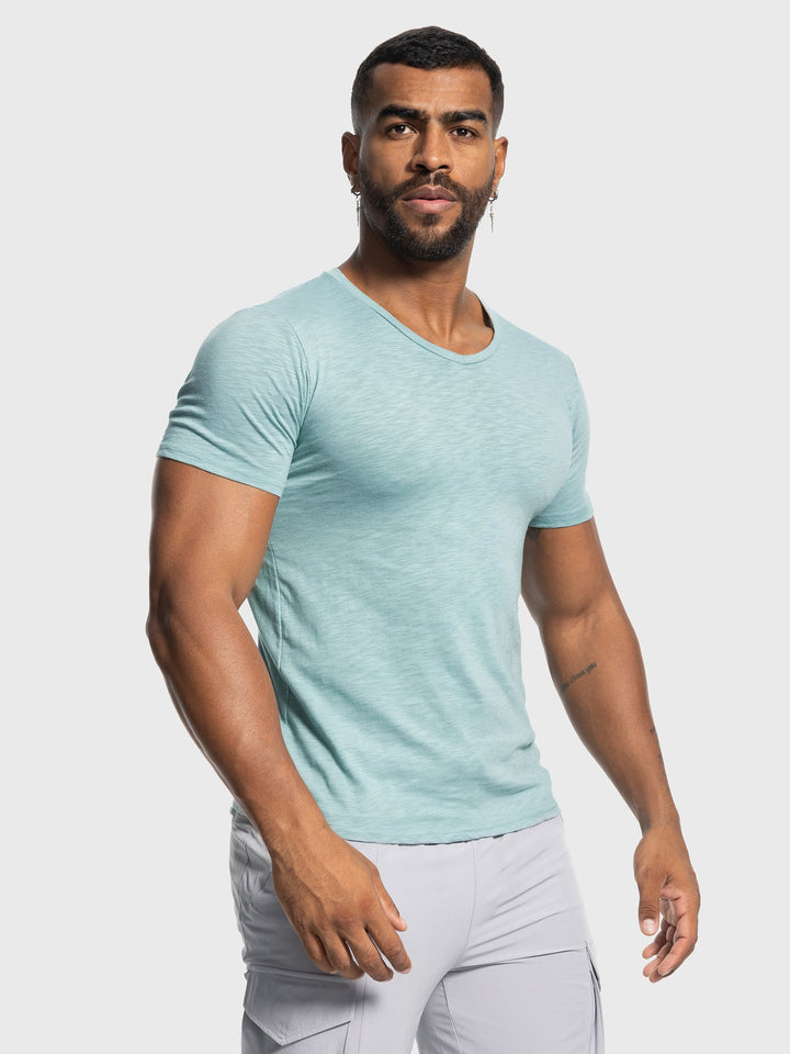 Slim Fit Slub Knit V Neck Tee Short Sleeve Set of 2 Aqua 1