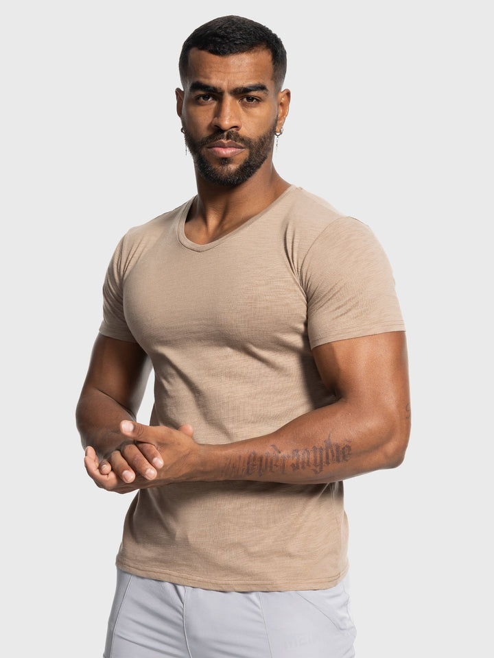 Slim Fit Slub Knit V Neck Tee Short Sleeve Set of 2 Beige 1