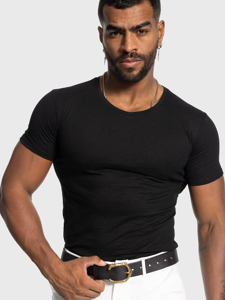 Slim Fit Slub Knit V Neck Tee Short Sleeve Set of 2 Black 1