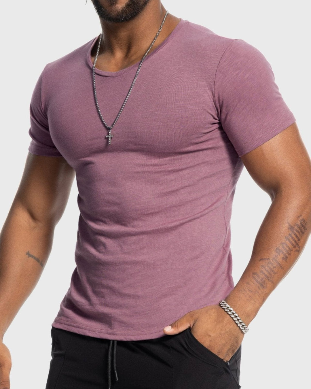 Slim Fit Slub Knit V Neck Tee Short Sleeve Set of 2 Mauve 1