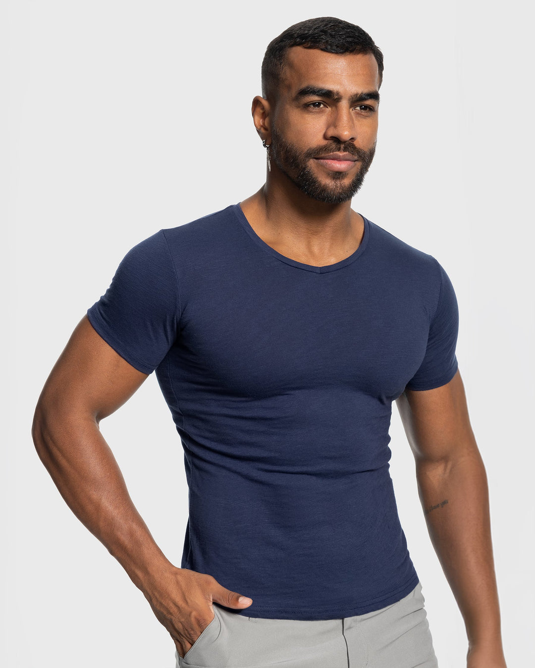Slim Fit Slub Knit V Neck Tee Short Sleeve Set of 2 Navy 1
