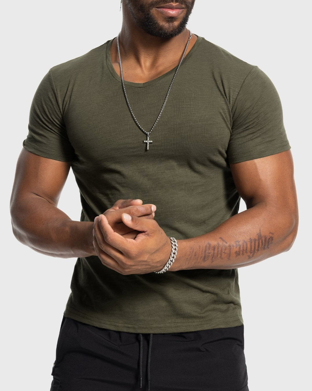 Slim Fit Slub Knit V Neck Tee Short Sleeve Set of 2 Olive 1