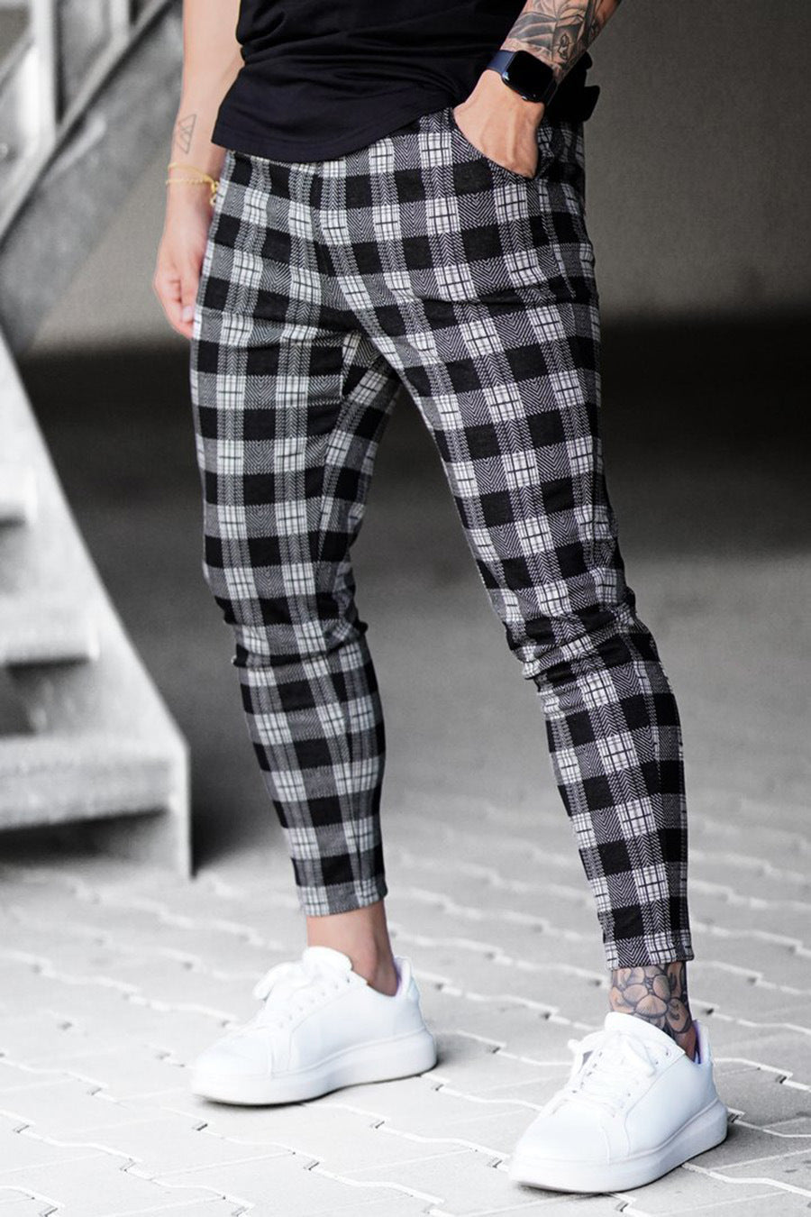 Slim Fit Stretch Check Print Pants Drawstring Black 1