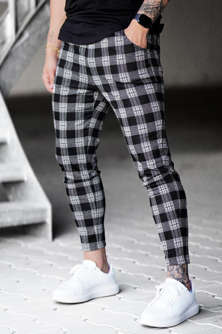 Slim Fit Stretch Check Print Pants Drawstring Black 1