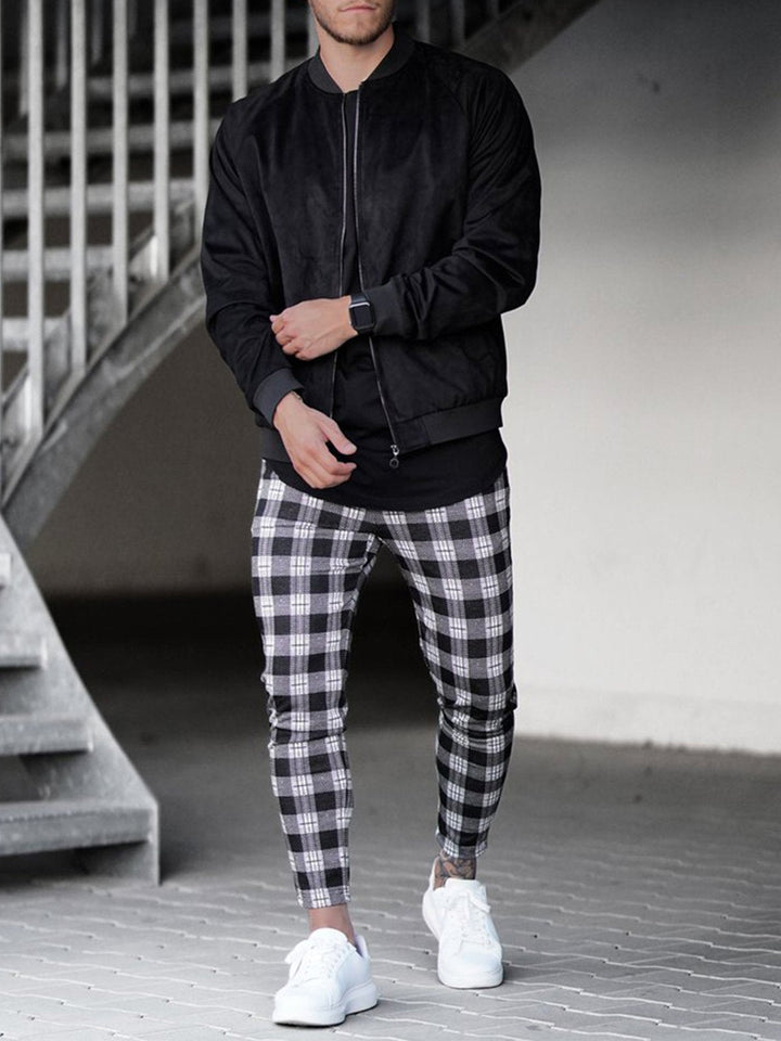 Slim Fit Stretch Check Print Pants Drawstring Black 2
