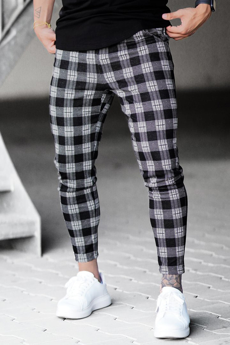 Slim Fit Stretch Check Print Pants Drawstring Black 3
