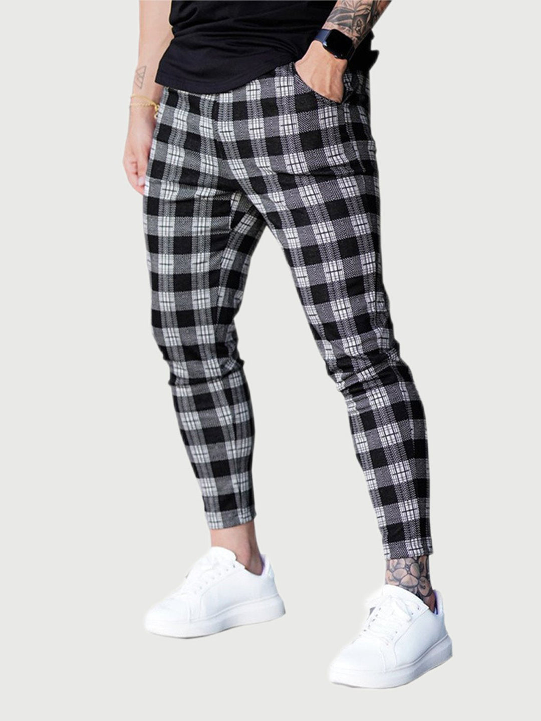 Slim Fit Stretch Check Print Pants Drawstring Black 4