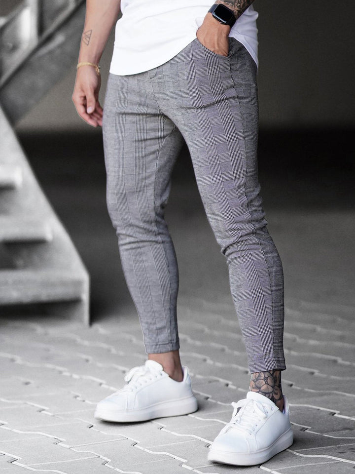Slim Fit Stretch Check Print Pants Drawstring Gray 1